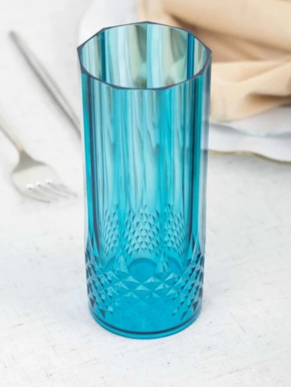 6 Transparent Crystal Cut  Highball Plastic Tumblers Set  6 Ocean Blue 14oz.